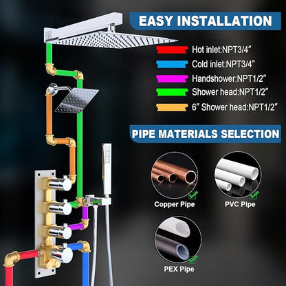 Enga Thermostatic Dual Shower System, 12"+6" Wall Mount Dual Rain Shower Faucet, All Functions Use Together & Volume Adjustable, Chrome
