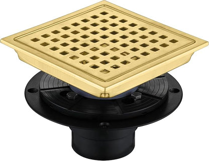 4 Inch Square Shower Floor Drain, Brushed Nickel High Flow Shower Drain Kit with Flange with Hair Filter, Removable Grate Cover, Stainless Steel, Abs Fixing Tray, CUPC Certified (Brushed Gold)