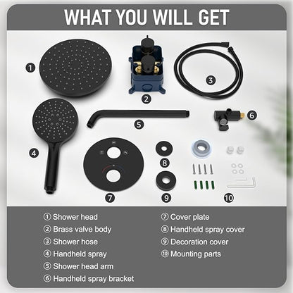 Iriber Thermostatic Shower System Wall Mount with 10 Inch Roud Rainfall Shower Head and Handheld,Shower Faucet Mixer Trim Kit (Valve Included),Matte Black