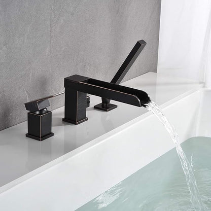 Waterfall Roman Tub Faucets Deck Mount Oil Rubbed Bronze Bathtub Faucets Brass Tub Filler Bathroom Faucets with Hand Shower
