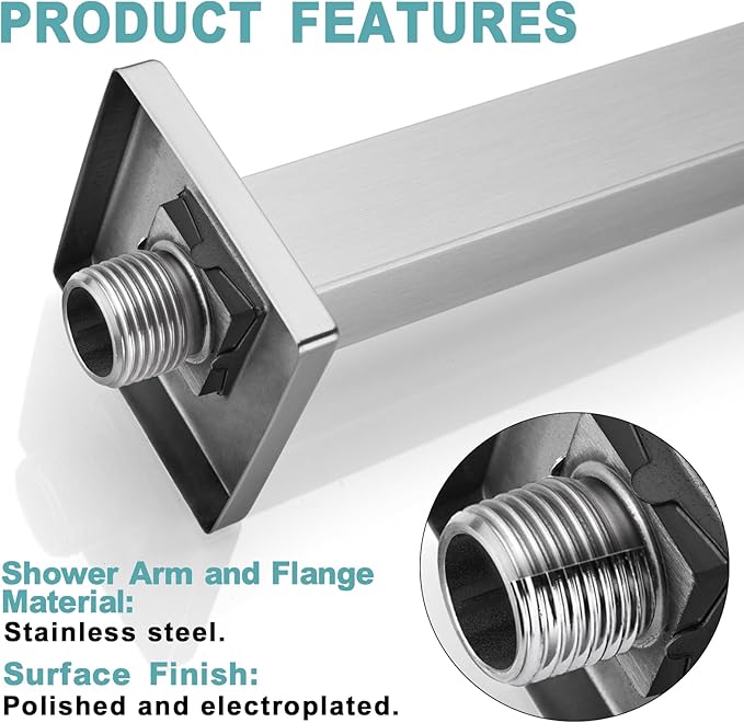 BESTILL 20 Inch Brushed Nickel Ceiling Mount Shower Arm and Flange, Square Rain Shower Arm