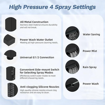 Hibbent Upgraded cUPC Certified 13'' Shower Head Combo, High Pressure 5-spray Rainfall Showerhead, Stainless Steel 4 Spray Handheld, All Metal 4-way Diverter Arm, 71'' Hose and Holder, Black