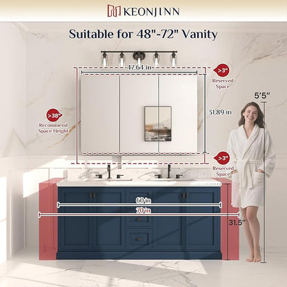 Keonjinn 48 x 32 Inch Oversized Medicine Cabinet for Bathroom with Mirror, Assembly Required, Black Aluminum Structure, Free Adjustable Shelves, Combined Recessed or Surface Mount Wall Cabinet