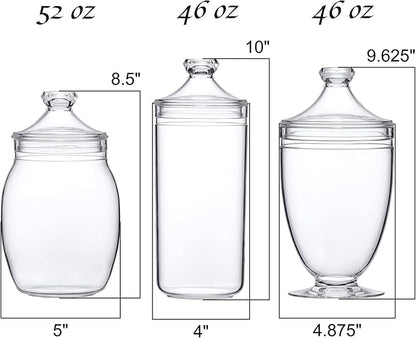Amazing Abby - Adore - Plastic Apothecary Jars (3-Piece Set, 52/46/46 oz) (NOT Glass), Acrylic Jars with Lids, Bathroom Canisters, Candy Buffet, Wedding Display, BPA-Free and Shatter-Proof
