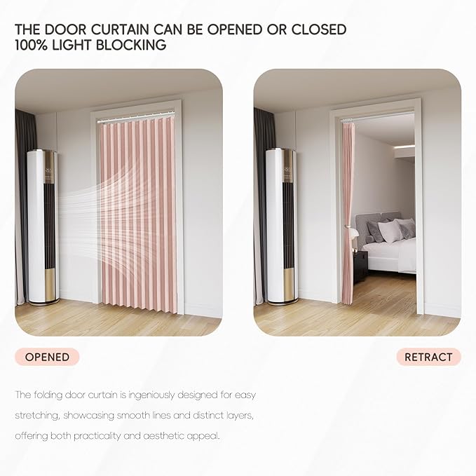 Accordian Door Curtain, 100% Blackout Folding Magnetic Doorway Curtains,Linen Style Closet Doors,for Room Divider,Privacy Protection（W72 x L78,Pink,1 Panel）
