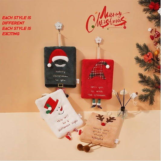 Cesqouc® 4pcs New Hand Towels with Hangable Linen and Christmas Decorative Feet with Christmas Patterns:Santa Claus,Witch Hat,Snowman,Elk for Bathroom/Kitchen/Living Room