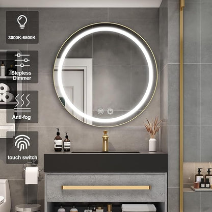 24inch Round Medicine Cabinet with Lights,Led Medicine Cabinet with Defogger,Illuminated Mirror Cabinet for Bathroom,Dimmable,Anti-Fog,3 Colors,Surface Mount Only,Black