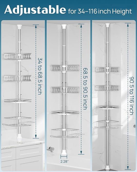 SElRIONE Corner Shower Caddy Tension Pole, Quick Setup, Rust-Free Bathroom Shower Organizer Corner for Bathtub Shampoo Storage, 4-Tier Adjustable Shelf, Drill Free, Fits 34 to 116 Inch Height