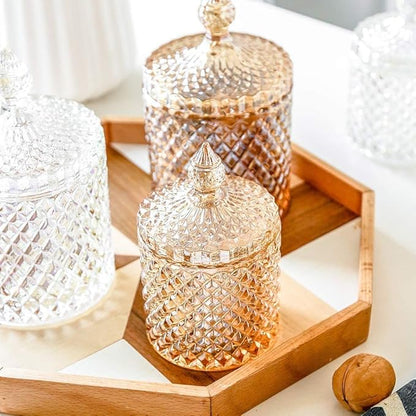 Colorful Home Decorative Jar Qtips Holder Dispenser Glass Storage Container Bathroom Counter Vanity Organizer for Bath Salts/Swabs/Rounds Makeup Sponges Toothpick Jewelry (Amber,10 oz，2