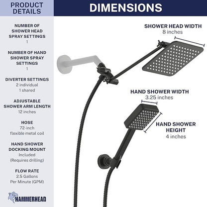 HammerHead® Solid Metal Dual Shower Head Combo — 8" Square Rain Shower Head with Handheld, 12" Adjustable Arm & Wall-Mount Holder for Flexible Installation — Matte Black