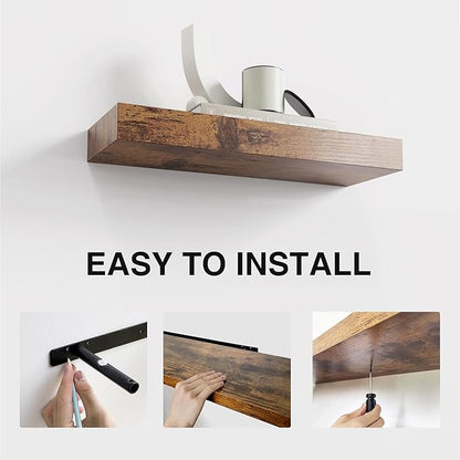 Floating Shelves for Wall Decor Set of 3, 15 Inch Wall Mounted Floating Shelf with Invisible Brackets, Rustic Wood Storage Shelf for Bathroom, Bedroom, Kitchen, Office, or Living Room, Rustic Brown
