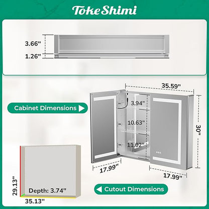 TokeShimi 36x30 Led Mirrored Medicine Cabinet Recessed for Bathroom Vanity, 3 Color Dimmable Medicine Cabinet with Mirror Lighted and Defogger,2-Side Fornt Lit Bathroom Mirror with Storage,2 Sockets
