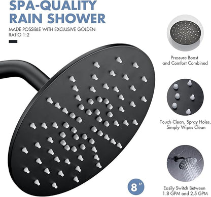 Rainfall Shower Head, MEDIOMI Rain Shower Head Set - Ultra-Thin Design High Flow Stainless Steel Large Round Rain Shower Heads with Shower Arm and Flange (8-Inch, Matte Black)