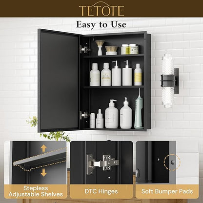 TETOTE 16" x 24" Medicine Cabinet with Beveled Mirror Black Framed Recessed Medicine Cabinet for Bathroom with Stepless Adjustable Shelves Wall-Mounted