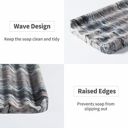 Soap Holder for Bathroom, Black Marble Soap Dish for Kitchen Countertop, Soap Tray with Creative Wavy Design, Soap Saver for Bath Tub, Sponges, Italian Natural Stone