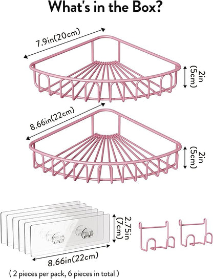 Orimade Corner Shower Caddy with 2 Hooks Wall Mounted Metal Bathroom Shelf Storage Organizer Adhesive No Drilling 2 Pack, Pink Only for 90-Degree Corner