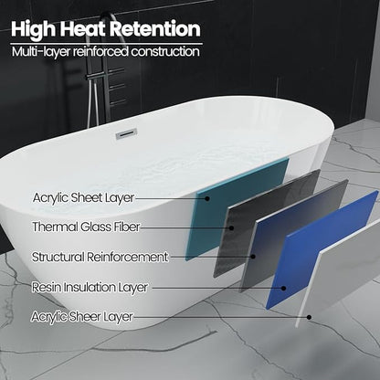 59" Acrylic Freestanding Bathtub, Modern Deep Soaking Tub, cUPC Certified Free Standing Tub, Chrome Drain/Overflow, White Acrylic, Flora White
