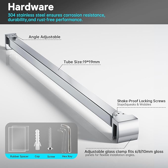 Frameless Shower Door Support Bar, Stainless Steel Wall-to-Glass Support Arm to Fixed Shower Glass Panel, for 1/4"-3/8" (6-10 mm) Door, 180° Pivot & Stow-Flat Mode (Chrome, 51.2-inch(1300mm))