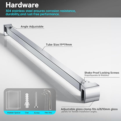 Frameless Shower Door Support Bar, Stainless Steel Wall-to-Glass Support Arm to Fixed Shower Glass Panel, for 1/4"-3/8" (6-10 mm) Door, 180° Pivot & Stow-Flat Mode (Chrome, 23.6-inch(600mm))