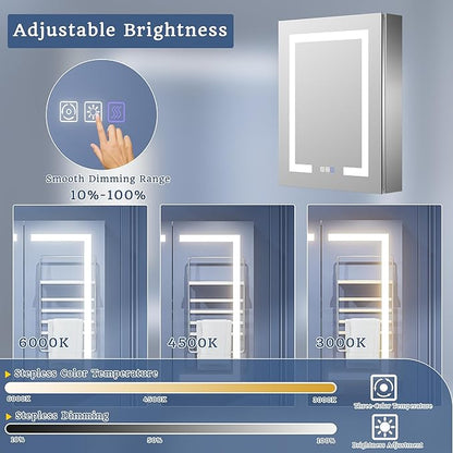 ExBrite LED Lighted Bathroom Medicine Cabinet with Mirror, 24 x 30 Inch, Recessed or Surface Mount, Anti-Fog, Stepless Dimming, Color Temperature Adjustment, 2 Outlets, Storage Shelves, Right Hinge