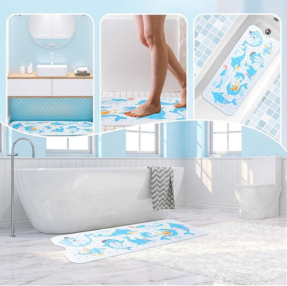 Baby Bath Mat for Tub Non Slip Kids Bathtub Mat Extra Long 40X16 Inch Toddler Bath Tub Shower Mat Anti Slip with Suction Cups & Drain Holes, Machine Washable (Dolphins)