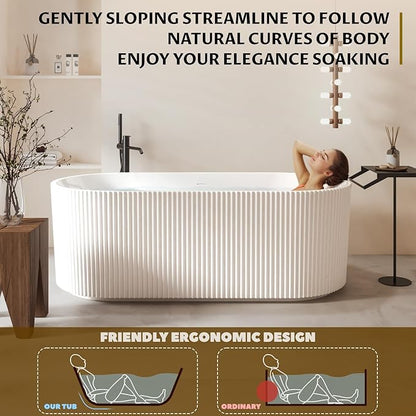 67 Inch Acrylic Freestanding Bathtub with Textured Stripes, Deep Soak Tub, Space-Saving, Glossy Surface, Luxury Spa Design for Modern Bathrooms