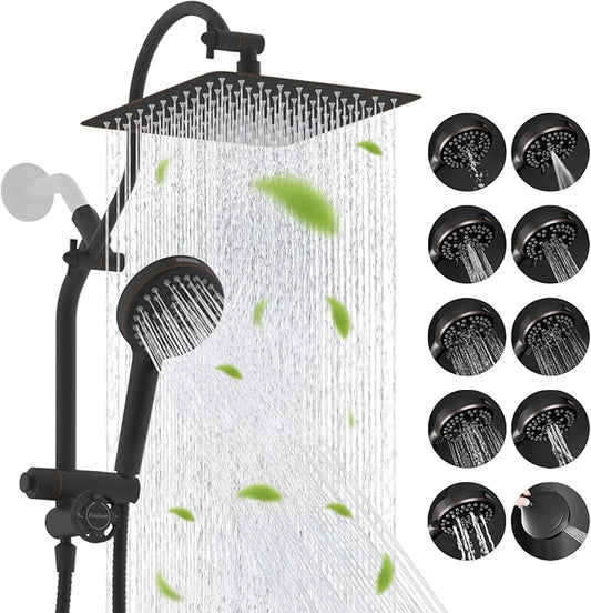 Hibbent cUPC Certified All Metal 10"Rainfall Showerhead Combo, High Pressure Shower Head with 10-Spray Mode Handheld, Innovative 4-way Diverter with Pause Mode, 71'' Hose and Holder, Oil Rubbed Bronze