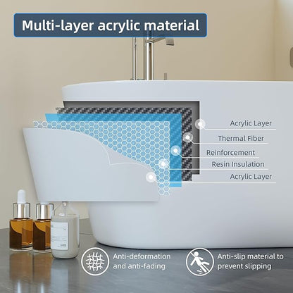 67" Acrylic Freestanding Bathtub, Modern White Soaking Tub for Bathrooms, Easy Install Contemporary Bath Tub with Chrome Overflow and Drain