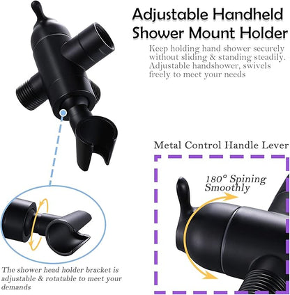 Shower Arm Diverter with Handshower Mount, G1/2 Brass 3 Way Shower Diverter Valve Bathroom Universal Shower System Replacement for Handheld Shower and Fixed Shower Head(Matte Black)