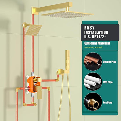 ENGA Shower Faucet Set, Dual Head Shower System 10" & 6" Square Rain Shower Heads with 2 in 1 Handheld Spray, 3 Way Water Diverter, Brushed Gold
