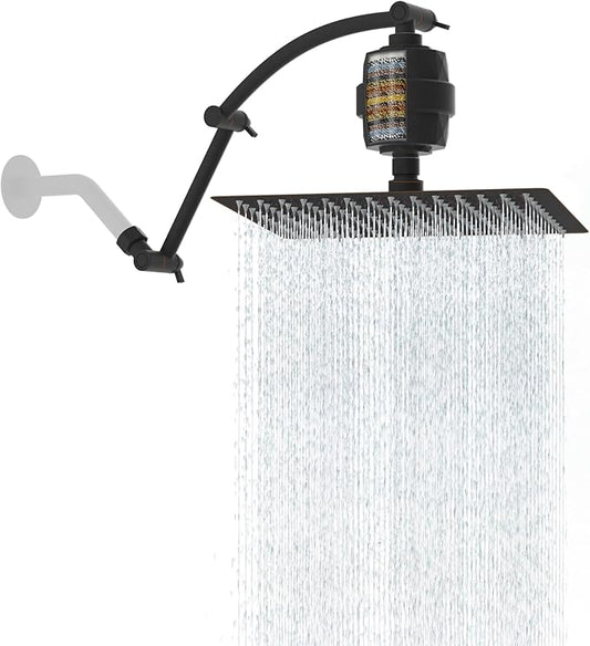 Hibbent All Metal Rain Filtered Shower Head, 12'' High Pressure Rainfall Showerhead with 16" Shower Extension Arm, 20 Stage Shower Filter, Solid Brass Adjustable Shower Arm Extender, Oil-Rubbed Bronze