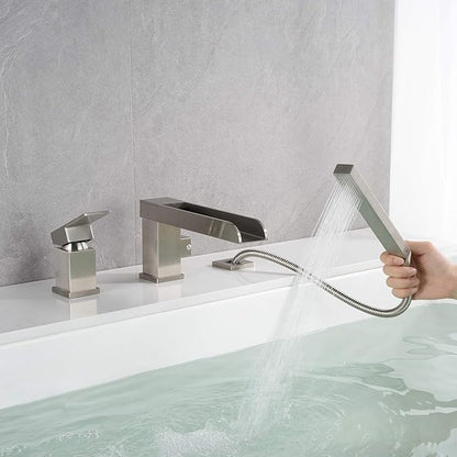 Waterfall Roman Tub Faucets Deck Mount Brushed Nickel Bathtub Faucets Brass Tub Filler Bathroom Faucets with Hand Shower