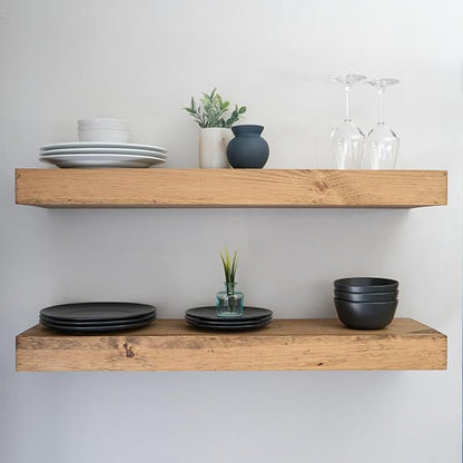Urbandi Modern Floating Shelves 3 Inches Thick for Wall, Wide Shelves for Kitchen, Living Room, Bedroom, and Bathroom, Natural Pine Wood, Rustic Wooden Shelf, (Set of 2) (Aged Oak, 60Lx3Hx6D)