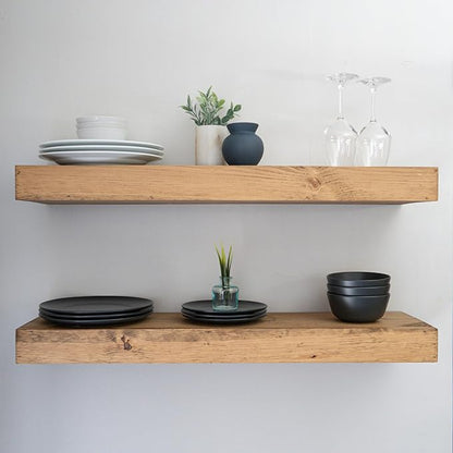 Urbandi Modern Floating Shelves 3 Inches Thick for Wall, Wide Shelves for Kitchen, Living Room, Bedroom, and Bathroom, Natural Pine Wood, Rustic Wooden Shelf, (Set of 2) (Aged Oak, 48Lx3Hx6D)