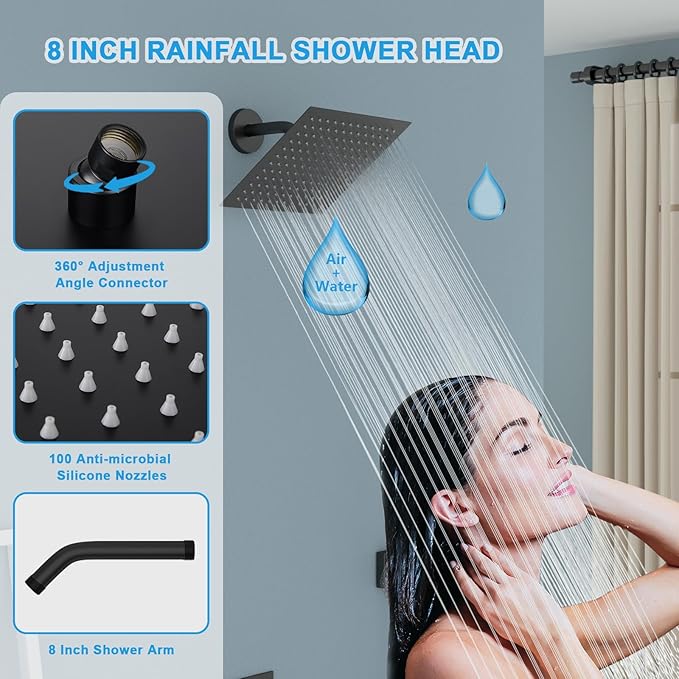 Black Shower Head Faucet - Lordear 8 Inch Wall Mounted Rain Shower System Set, Matte Black Stainless Steel Square Rainfall Shower Head with Handheld, Brass Valve Included
