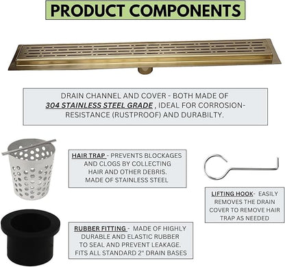 SereneDrains 304 Stainless Steel 36 Inch Brushed Gold Shower Drain Kit Broken Lane Brass Linear Shower Drains Long Hair Catcher Strainer Grate Cover Bathroom Floor (Matte Gold, 35 Inch)