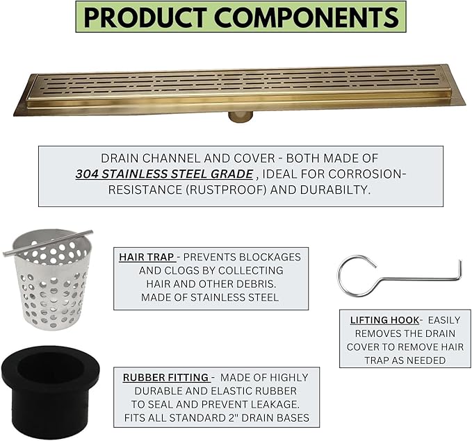 SereneDrains 304 Stainless Steel 60 Inch Brushed Gold Shower Drain Kit Broken Lane Brass Linear Shower Drains Long Hair Catcher Strainer Grate Cover Bathroom Floor (Matte Gold, 59 Inch)