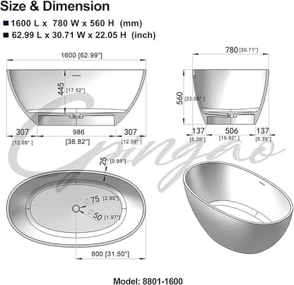 Cpingao 63" Freestanding Bathtub, Oval Shaped Resin Stone Freestanding Tubs, Solid Surface Matte White Soaking Tub with Overflow and Pop-up Drain 8801-1600
