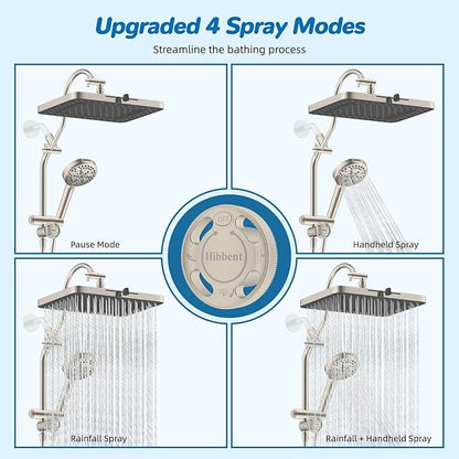Hibbent cUPC Certified 13'' Shower Head Combo, High Pressure 5 Spray Rainfall Showerhead, 10 Spray Handheld, All Metal Easy Reach 4-way Diverter Arm with Pause Mode, 71'' Hose & Holder, Brushed Nickel