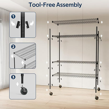 Whitmor 4 Tier Storage Shelves with Wheels, Heavy Duty Metal Shelving Unit, 625 lbs Capacity per Shelf, 2500 lbs Total for Kitchen, Garage, Plant, 55" L x 24" W x 72" H, Black