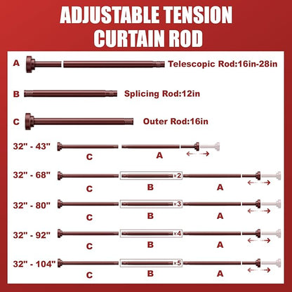 Ausemku Shower Curtain Rod - 32-92 Inch Rustproof Tension Rod, Non-Slip Spring Design, No Drilling Adjustable Curtain Rod for Bathroom, Kitchen, and Closet（Brown）