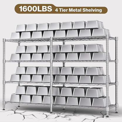 Himimi 4-Tier Adjustable Metal Shelving - 1600LBS Capacity, Heavy Duty Wire Organizer for Pantry, Kitchen, Garage, Laundry, 72" W x 18" D x 60" H, Silver