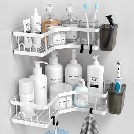 Shower Caddy Corner Organizer Shelf: 2Pack Adhesive Shower Essentials Accessories - No-Drilling Stainless Steel Bathroom Storage Rack with Hooks and Toothpaste Holder