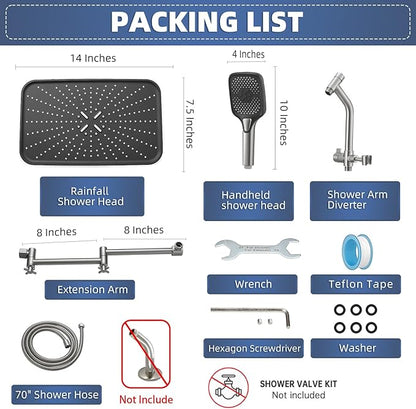 14" High Pressure Rain/Rainfall Shower Heads With Handheld Spray Combo (3+1 Settings & Built-in Power Wash Mode), Double/Dual Shower Head With Handheld - Height/Angle Adjustable(Brushed Nickel)