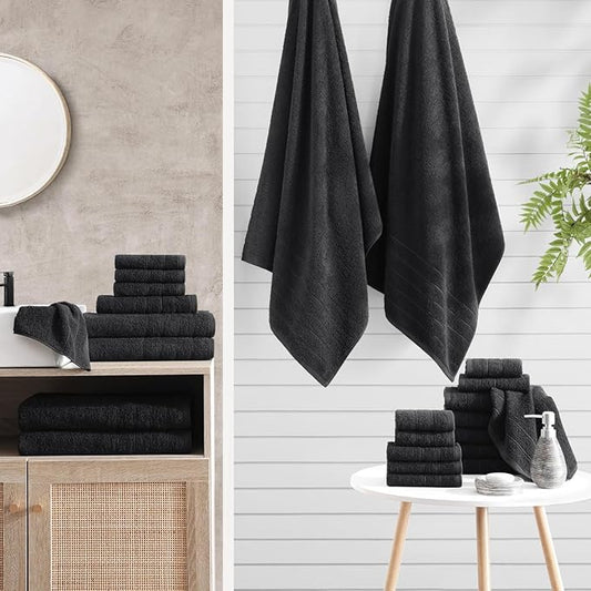 Casa Platino 100% Mercerized Cotton Luxury Bathroom Towels Set - 8 Piece - Ring Spun - 2 Bath, 4 Washcloths, 2 Hand Towels - Remains Soft & Absorbent Even After Multiple Washes - Midnight Black