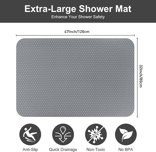 Extra Large Shower Mat: 47"x32" Non Slip Shower Mats for Inside Shower, PVC Anti Slip Shower Stall Mats No Odor, Trimmable Walk in Shower Mats for Elderly Kids