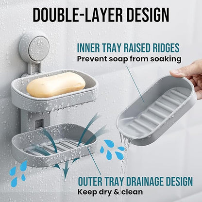 TAILI Double Layer Soap Dish Holder Suction Cup, Strong Sponge Holder for Shower, No Tools Soap Saver for Bathroom, Tub and Kitchen Sink, Shower Accessories, Drill-Free, Removable, Grey