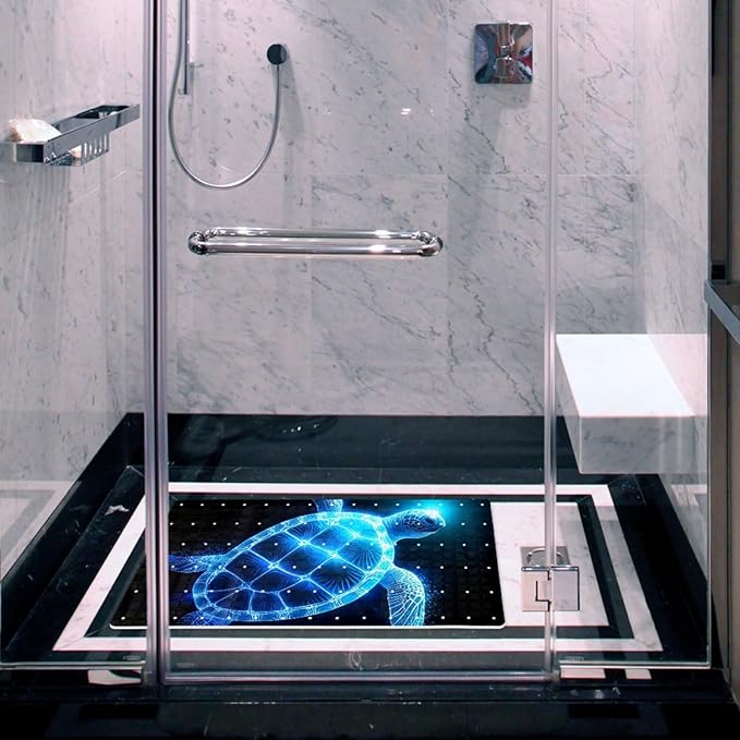 Bathtub Mats for Shower Tub, Anti-Slip Bath Mats for Inside Tub, Bathroom Shower Mats with Drain Holes and Suction Cups (Art Glowing Ocean Turtle Neon Blue Pattern)