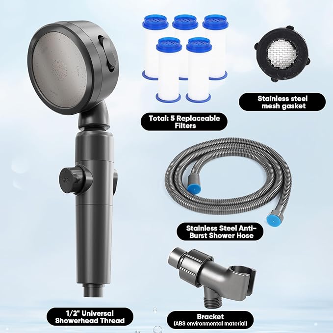 Ion Drops Filtered Shower Head for Hard Water, High Pressure Handheld with 3 Modes & Pause Switch for Pets Bath, Complete Kit with 60" Stainless Hose, 5 Replacement Filters & Bracket