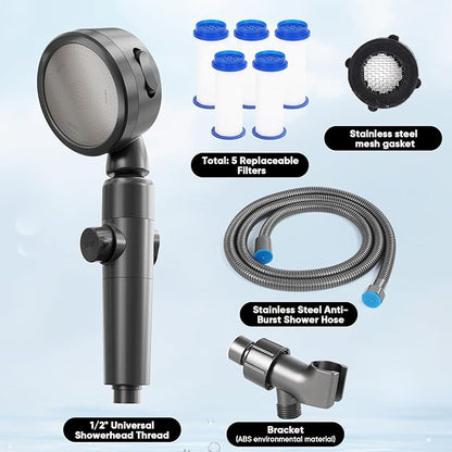 Ion Drops Filtered Shower Head for Hard Water, High Pressure Handheld with 3 Modes & Pause Switch for Pets Bath, Complete Kit with 60" Stainless Hose, 5 Replacement Filters & Bracket